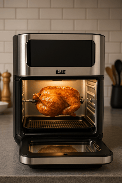 Hot Air Fryer with Rotisserie Without Oil Ihunt Bro Air Fryer 12L Rotary XL, 1800W, 360-Degree Air Circulation, Premium Inox Body, 10 Cooking Functions, Adjustable Temperature, Defrosting, Double Compartment with 3 Cooking Zo
