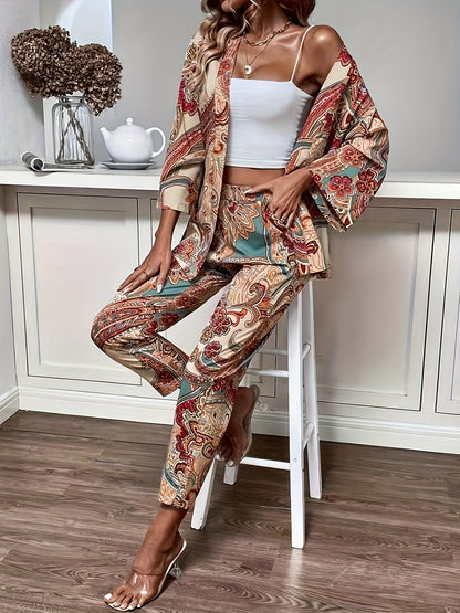 Boho Paisley Print Pants Set, Button Front Long Sleeve Blouse & Straight Leg Pants Outfits, Women's Clothing