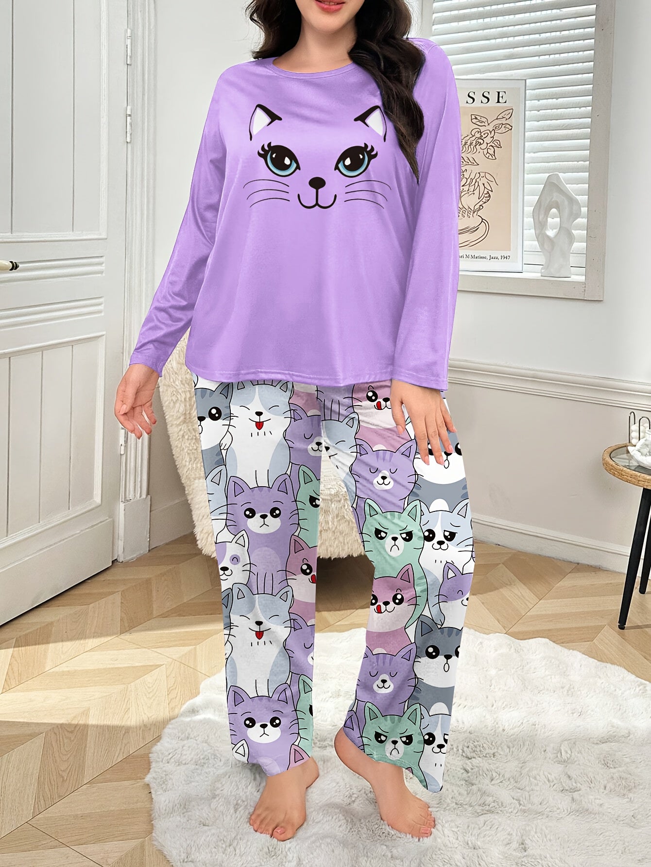 Plus Size - Plus Size Women'S Cozy Long Sleeve Pajama Set with Adorable Print - Soft Purple &, All-Season Comfort, Casual Home Wear, Perfect for Fall & Winter