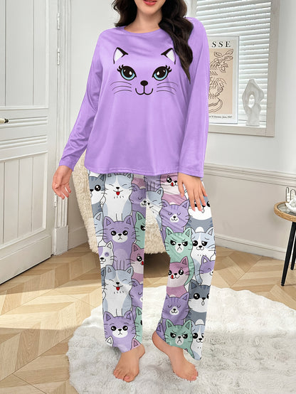 Plus Size - Plus Size Women'S Cozy Long Sleeve Pajama Set with Adorable Print - Soft Purple &, All-Season Comfort, Casual Home Wear, Perfect for Fall & Winter
