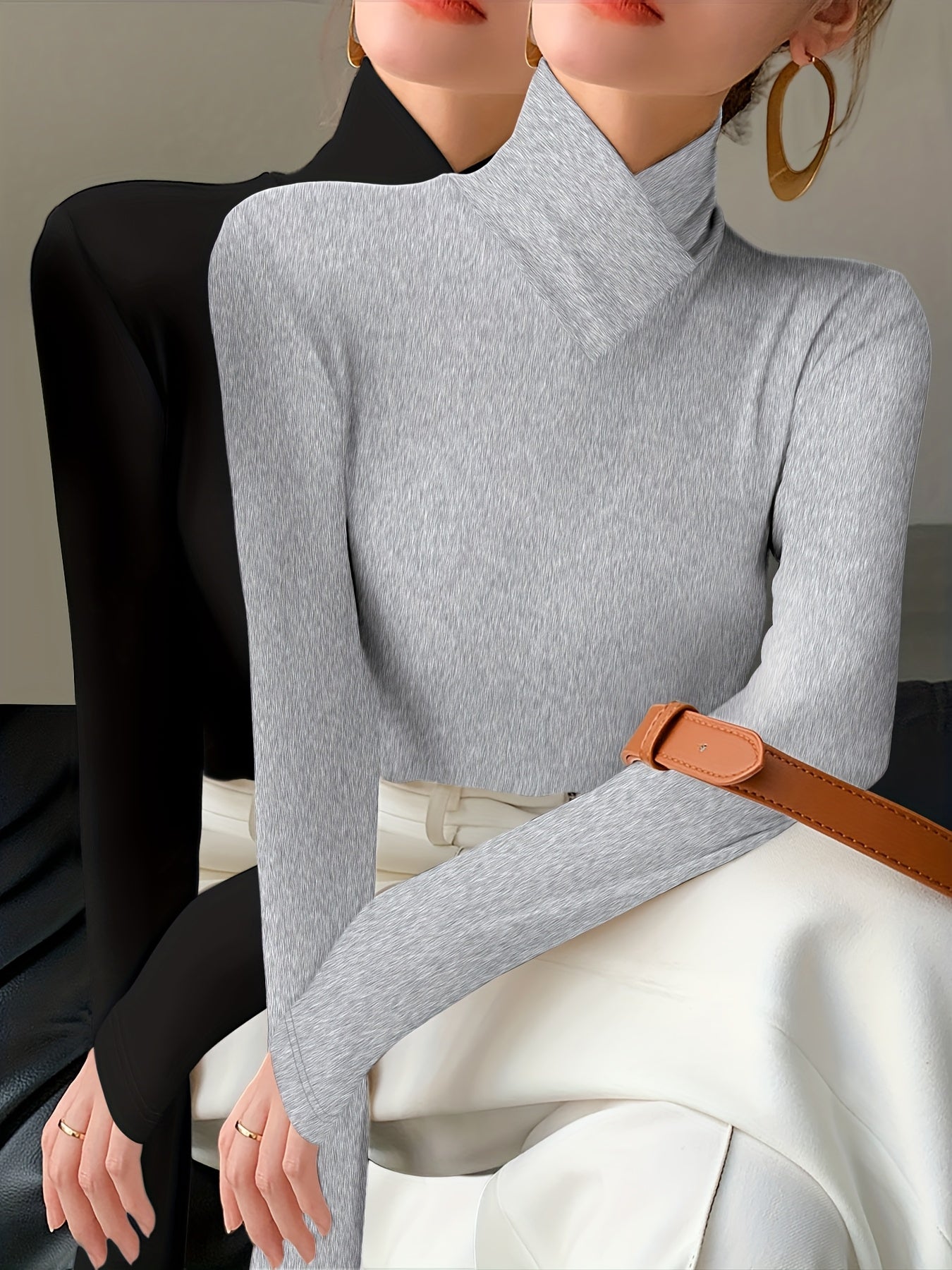 Solid Color Slim Fit Long Sleeve High Neck Pullover T-Shirt Two-Piece Set