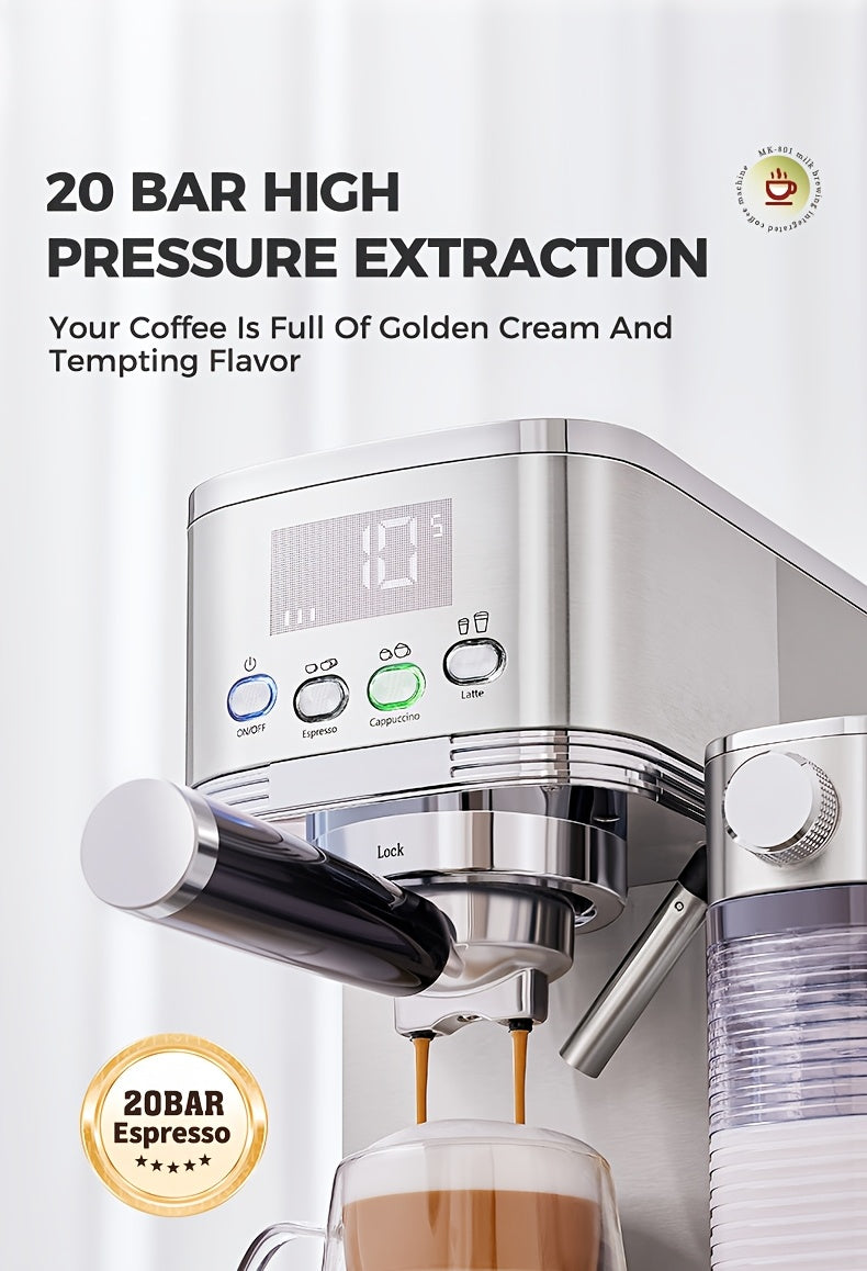 CAFELFFE Semi-Automatic Espresso Machine MK801 with Automatic Milk Frothing System, One-Touch Operation for Espresso, Latte & Cappuccino, 20BAR High Pressure, 1.3L Water Tank & 0.7L Milk Tank, Self-Cleaning Function, 1350W Po