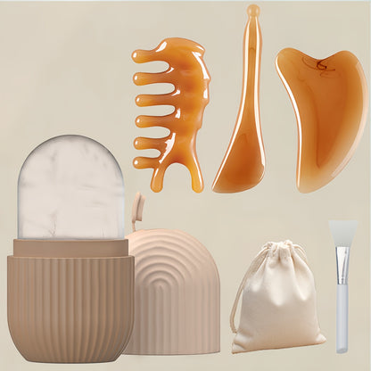 5pcs Luxurious Facial Care Kit - Rejuvenating Ice & Jade Roller, Gua Sha Tool, Soft Silicone Brush for Glowing Skin, Eye Massage, and Relaxation - Fragrance-Free, Battery-Free, Easy to Use, and Portable