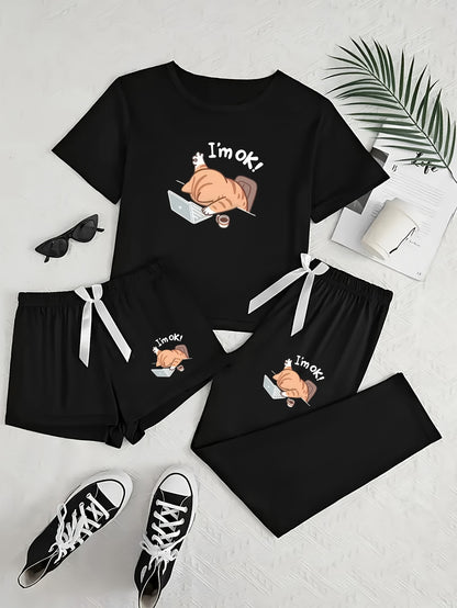 Women's 3pcs Pajama Set, Cartoon Work Kitten Print Short Sleeve Pajamas, Shorts and Longs - Bow Style, Suitable for Multiple Seasons