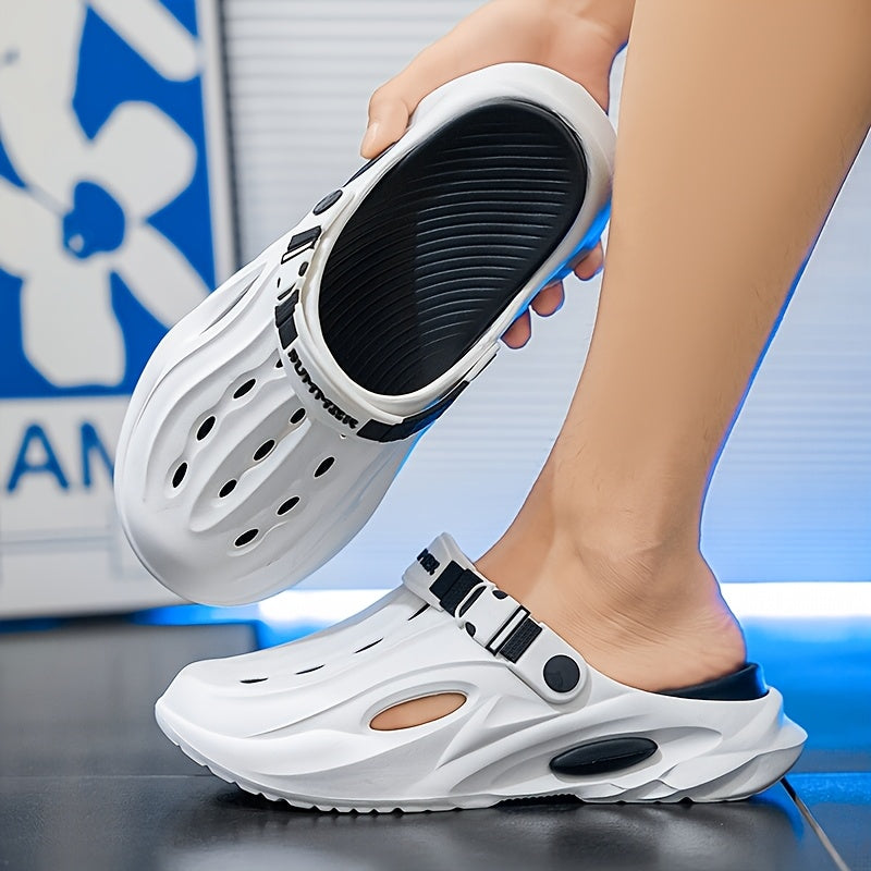 Sandálias de verão unissexo em EVA - Leves, respiráveis, antiderrapantes e confortáveis ​​para a praia, caminhadas e uso casual. Sola macia, bico aberto, design elegante em preto e branco. Calçado de verão | Material EVA