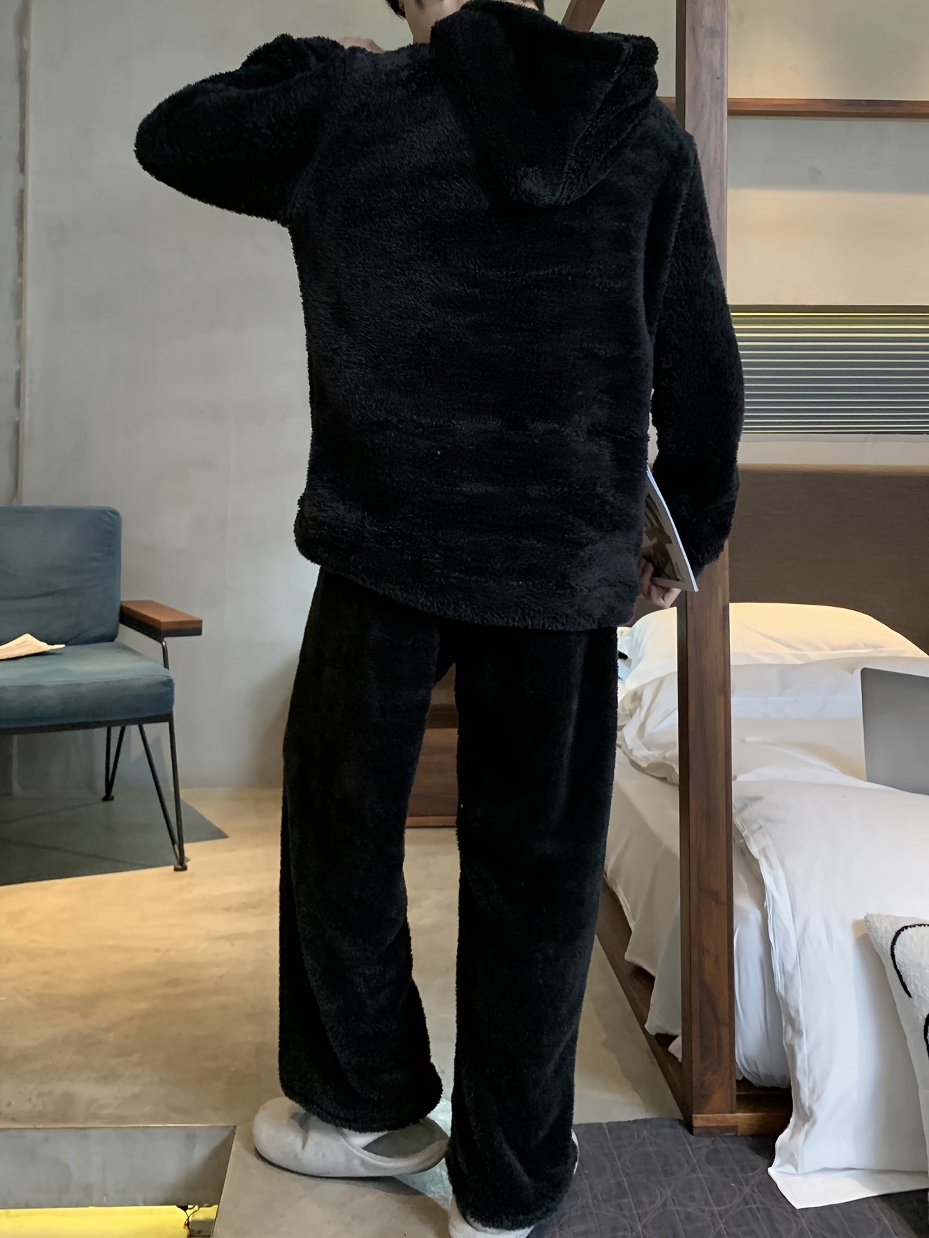 Men's Coral Velvet Pajamas Autumn and Winter Thickened Velvet Winter Hooded Flannel Warm Youth Pajama Set