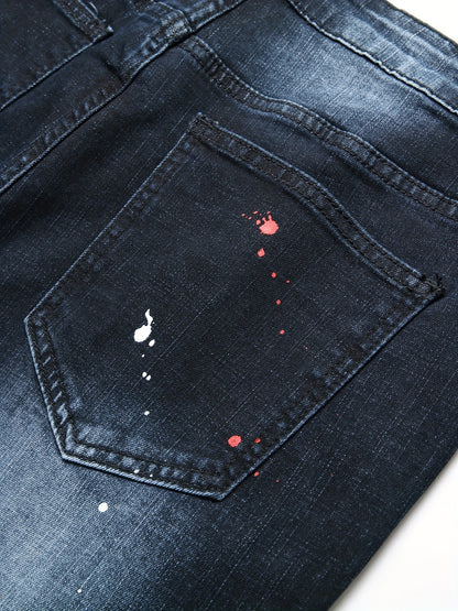 Patch Splatter Ripped Jeans, Men's Casual Street Style Distressed Slim Fit High Stretch Denim Pants For Spring Summer