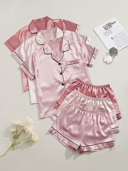 3 Sets Satin Pajama Set, Short Sleeve Lapel Top &amp; Elastic Waistband Shorts, Women's Sleepwear &amp; Loungewear