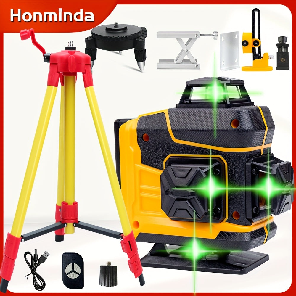 Honminda 16-Line 360° Self-Leveling Laser Level with Green Beam, 4x360° Vertical/Horizontal Cross Lines, Rechargeable Battery & Remote Control, Lifting Base & Tripod Included for Construction, Photography, Videography, Vide