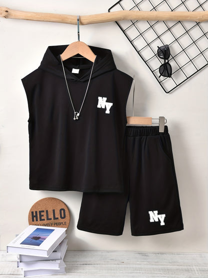 Cool Short-Sleeve T-Shirt with Letter Print And Shorts Set for Boys, for Outdoor