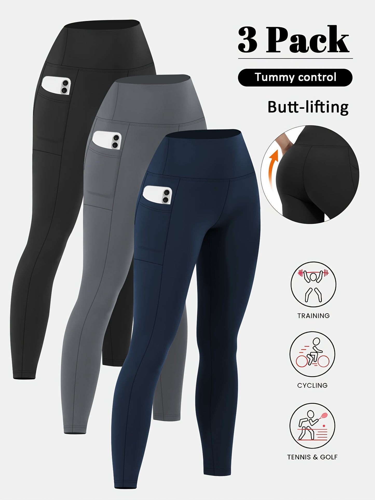 3pcs Set Women's High-Waisted Tummy Control Yoga Leggings - Full-Length Opaque Workout Pants with Pockets, 4-Way Stretch Soft Athletic Gym Pants for Running, Fitness, Yoga & Casual Attire - All-Season Tight Bodycon Leggings (