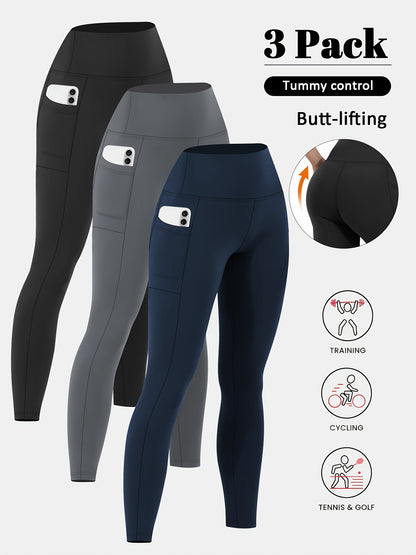 3pcs Set Women's High-Waisted Tummy Control Yoga Leggings - Full-Length Opaque Workout Pants with Pockets, 4-Way Stretch Soft Athletic Gym Pants for Running, Fitness, Yoga & Casual Attire - All-Season Tight Bodycon Leggings (