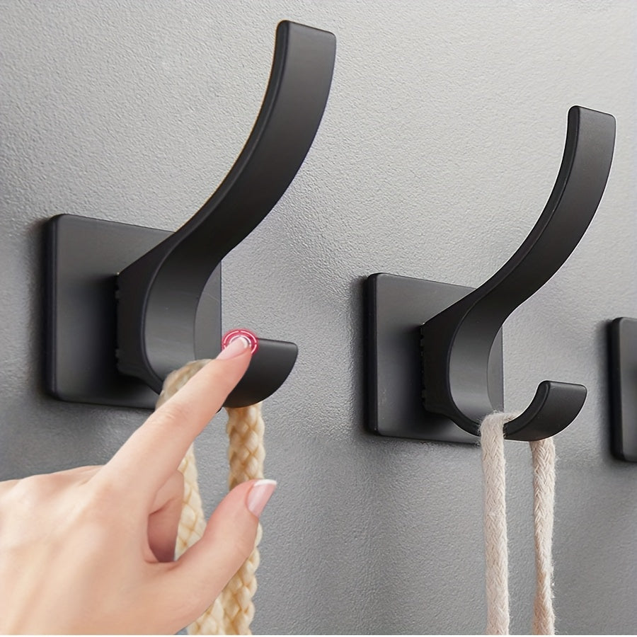 4pcs Self Adhesive Hooks - No-Drill Wall-Mounted Towel & Robe Hangers, Space-Saving Aluminum Powder-Coated Black Hooks for Bathroom, Bedroom, Kitchen - Versatile Storage for Clothes, Hats, Towels, Bathroom Organization, Sleek