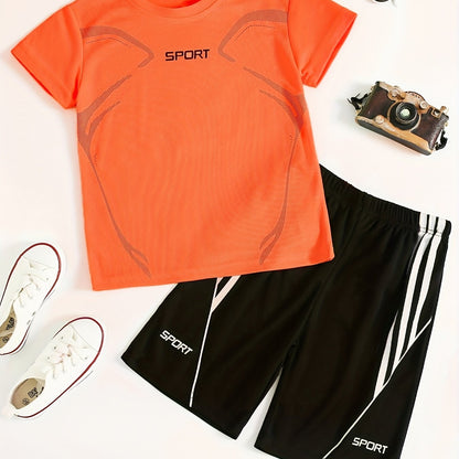 2pcs Boy's "Sport" Outfit Short Sleeves Round Neck T-shirt & Shorts Casual For Summer Daily And Outdoor Wear