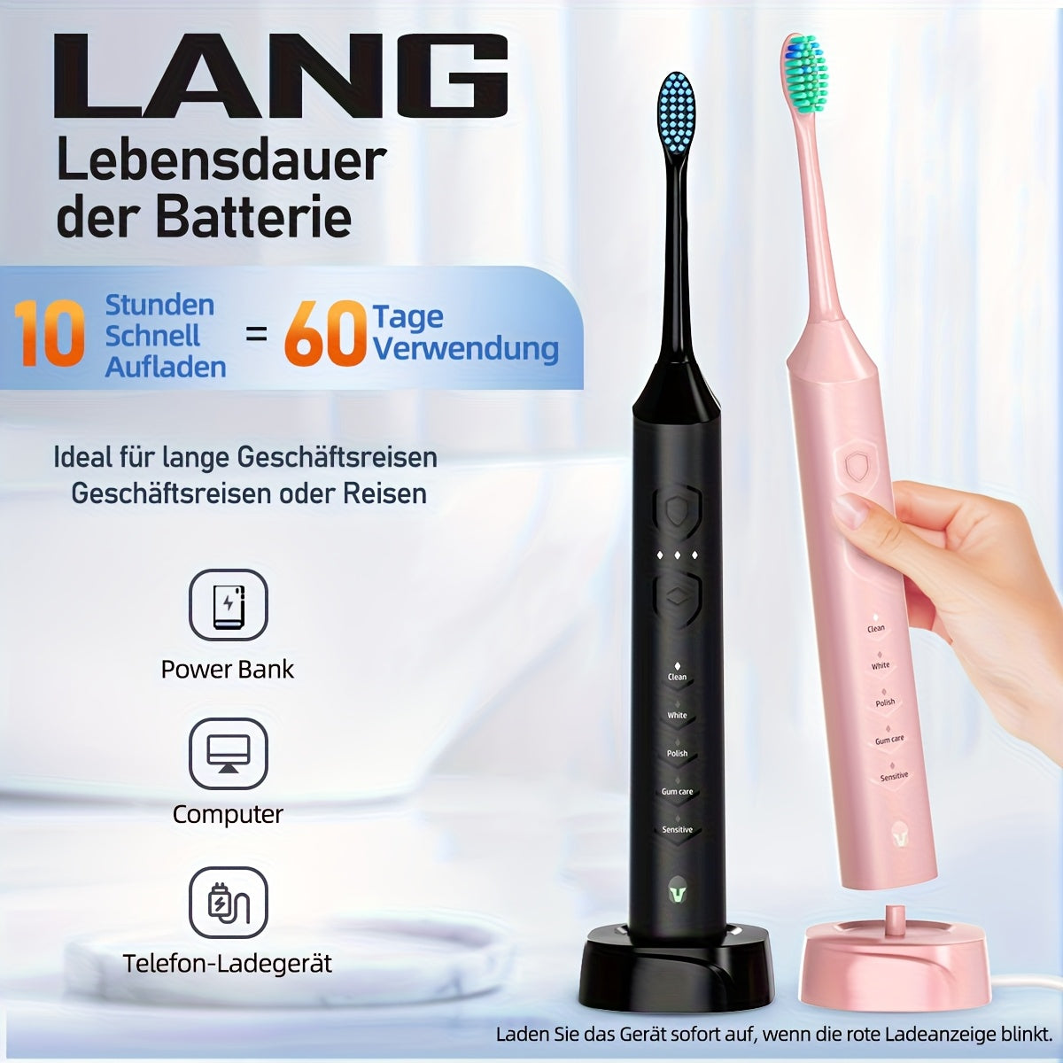 Sonic Electric Toothbrush Rechargeable Electric Toothbrush, Deep Cleaning with 5 Modes, 6 Replacement Brush Heads, Equipped with USB Stand Charging, Portable, Suitable for Travel, Dormitory, Gift, Black, Pink, Blue, Gift for