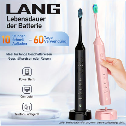 Sonic Electric Toothbrush Rechargeable Electric Toothbrush, Deep Cleaning with 5 Modes, 6 Replacement Brush Heads, Equipped with USB Stand Charging, Portable, Suitable for Travel, Dormitory, Gift, Black, Pink, Blue, Gift for