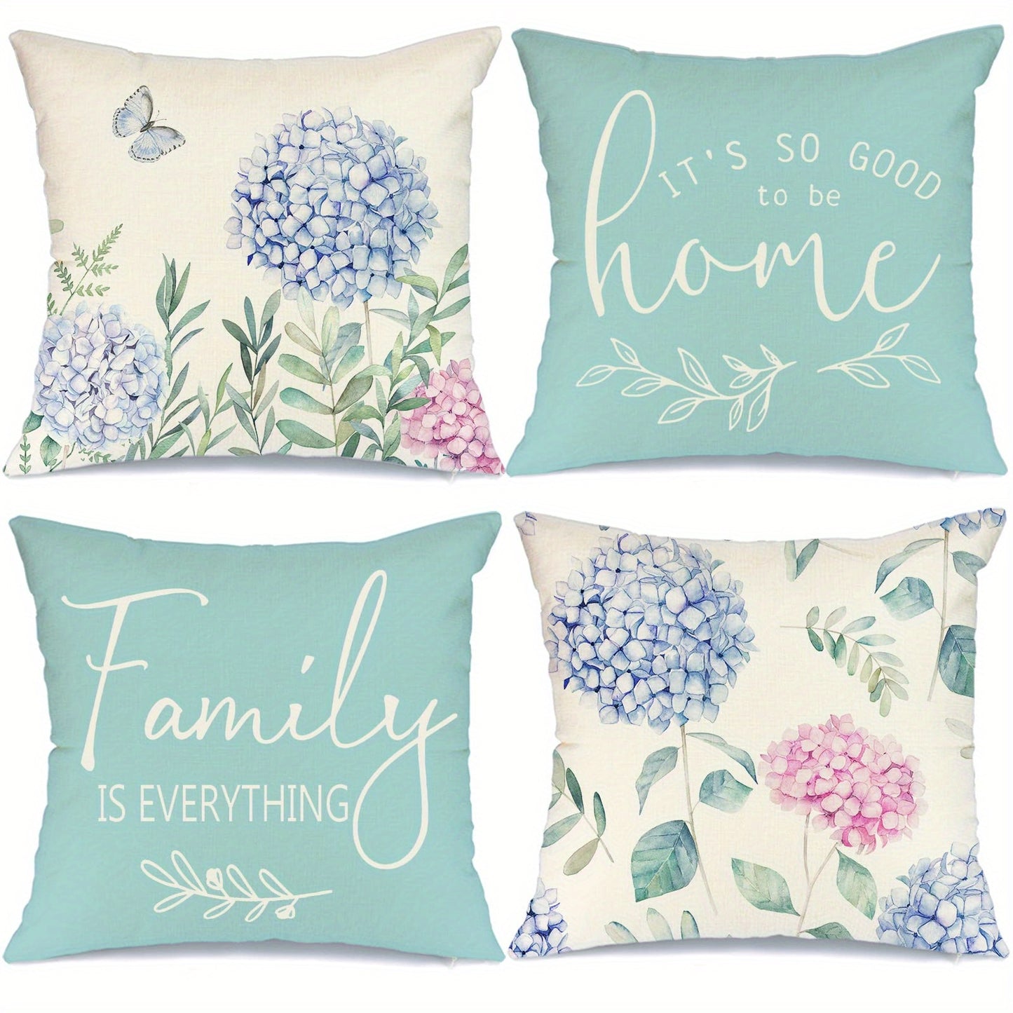 4pcs Blue Hydrangea Linen Blend Throw Pillow Covers, Cushion Cover For Bed Sofa Couch Living Room Decor Home Decor, No Pillow Insert, 18inch*18inch