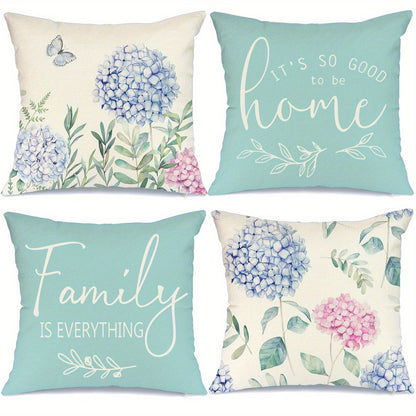 4pcs Blue Hydrangea Linen Blend Throw Pillow Covers, Cushion Cover For Bed Sofa Couch Living Room Decor Home Decor, No Pillow Insert, 18inch*18inch