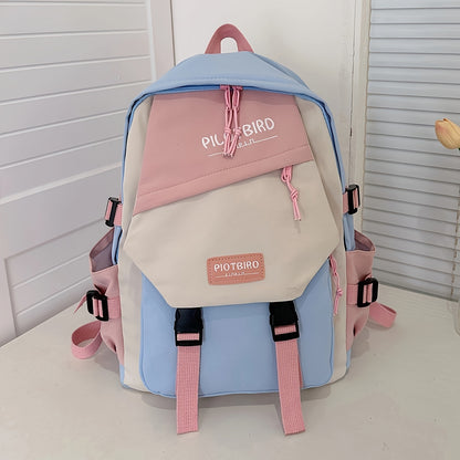Aesthetic Color Contrast Travel Backpack, Large Capacity Flap Schoolbag, Japanese Preppy Style Bookbag For Students Back To School