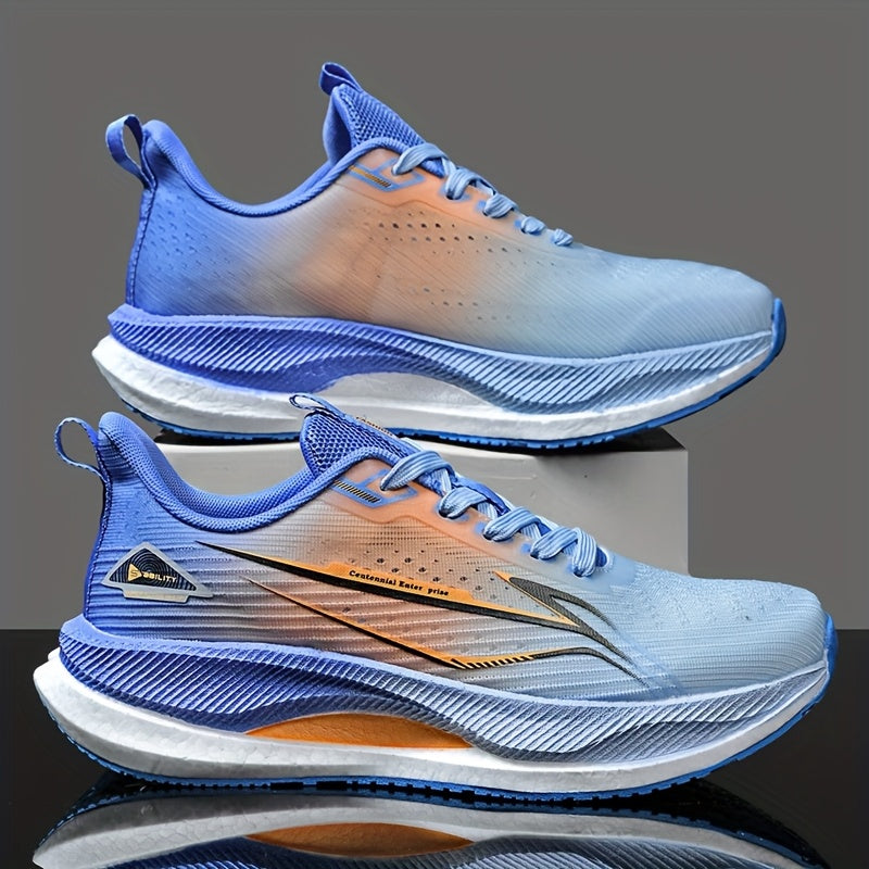 Men's All-Season Running Shoes - Breathable Knit Gym Sneakers with Cushioned MD Sole, Non-Slip Grip - Lightweight Sneakers for Marathon, Training, Everyday - White/Green/Orange Accent - Lace-Up Closure, Marathon Footwear, Geo