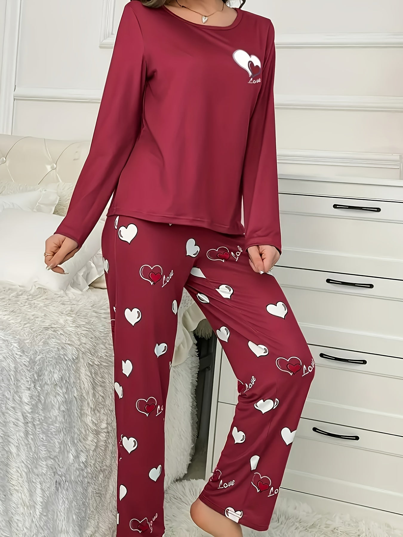 Plus Size Casual Heart Print Round Neck Long Sleeve Pantsuit