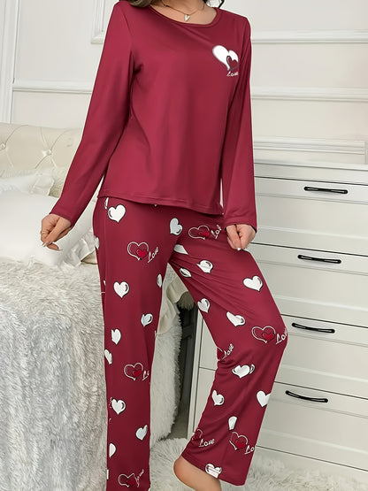 Plus Size Casual Heart Print Round Neck Long Sleeve Pantsuit