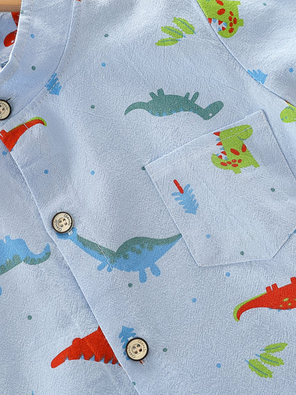 2pcs Baby Boys Dinosaur Print Button Short Sleeve Shirt Top &amp; Elastic Waist Shorts Set Toddler Summer Clothes For Daily &amp; Outdoor Wear