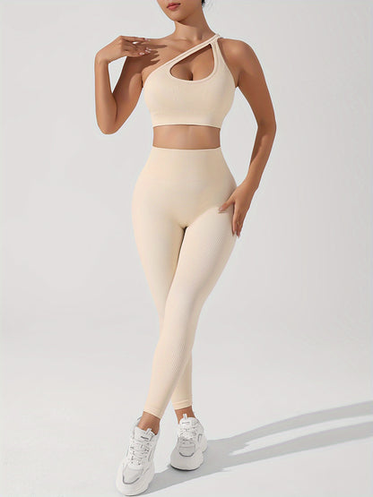 Women's 2pcs Yoga Set: Sexy One-Shoulder Sports Bra & High-Waist Butt Lifting Leggings - Stretchy, Non-See-Through Activewear