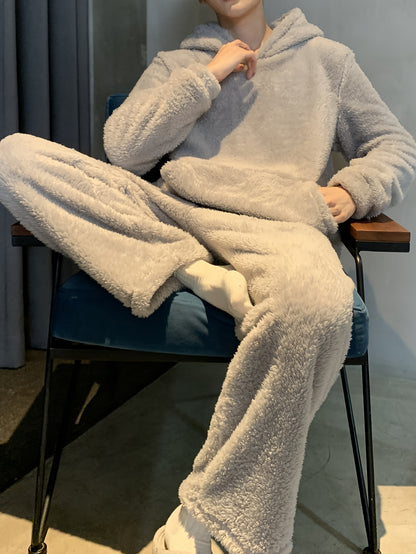 Men's Coral Velvet Pajamas Autumn and Winter Thickened Velvet Winter Hooded Flannel Warm Youth Pajama Set