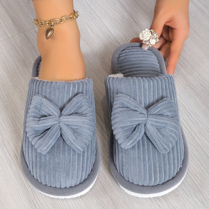 Cute Bowknot Soft Sole Fuzzy Slippers, Winter Cozy &amp; Warm Slip On Plush Shoes, Comfy Closed Toe Home Slippers