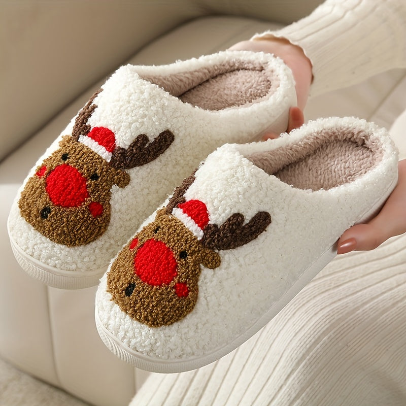 Pantufas felpudas com estampado de árvore de Natal, chinelos de inverno fechados e quentinhos para usar em casa, pantufas aconchegantes de sola macia e felpuda.