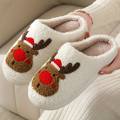 Pantufas felpudas com estampado de árvore de Natal, chinelos de inverno fechados e quentinhos para usar em casa, pantufas aconchegantes de sola macia e felpuda.