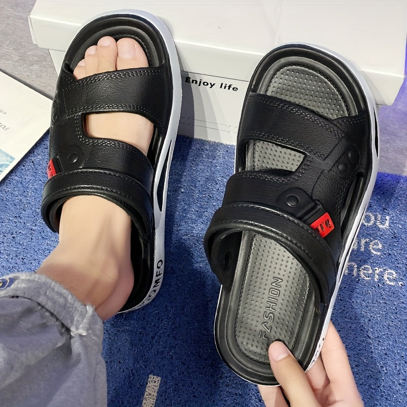 Sandálias de verão para homem, estilo slide - Confortáveis ​​em EVA, pretas com detalhes em branco, tira ajustável com fecho de velcro, design casual de bico aberto para uso exterior, sandálias de verão.