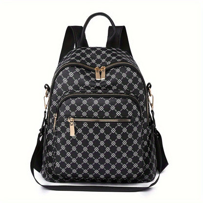 Women's Clover Backpack - Large Capacity, Adjustable Straps,, Zip Closure, Geometric Pattern, Beige//Black, Casual College Style, Perfect for Students and Travel, Backpack for School