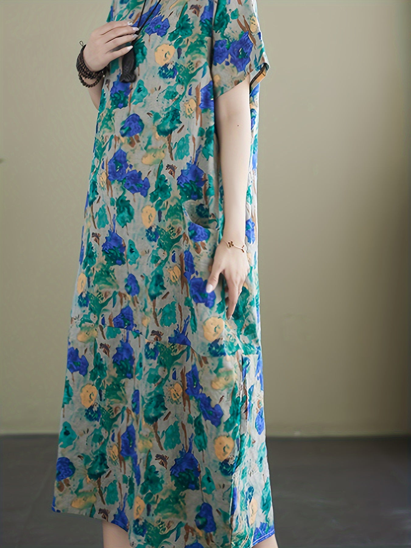 Allover Print With Pocket Loose Dress, Casual Short Sleeve Crew Neck Dress, Women's Clothing