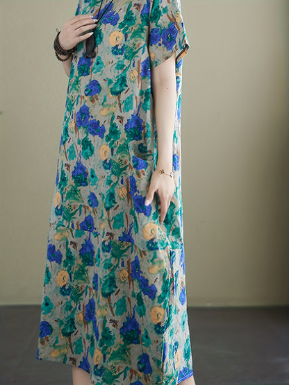 Allover Print With Pocket Loose Dress, Casual Short Sleeve Crew Neck Dress, Women's Clothing