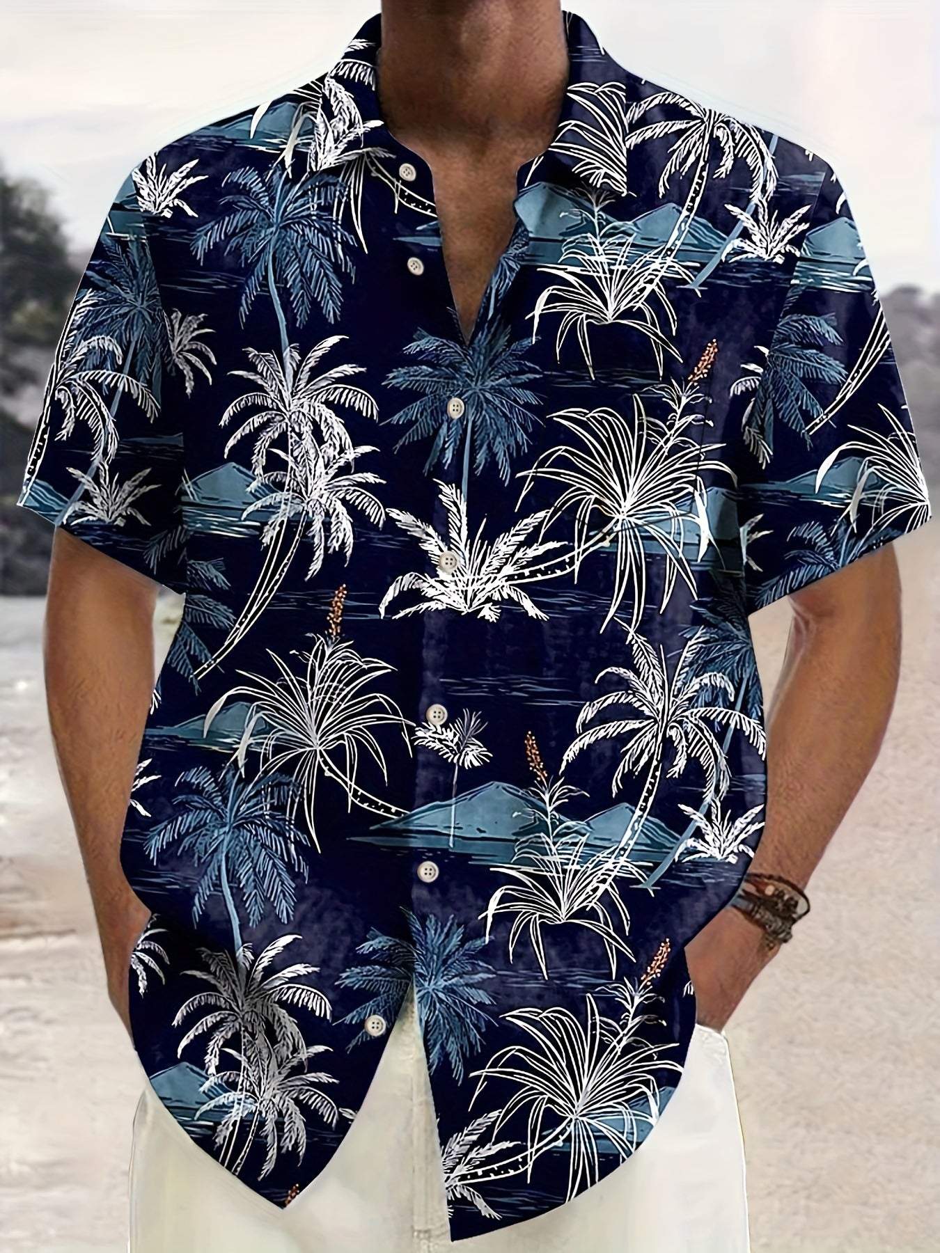 Men's Hawaiian Coconut Tree Print Button-Up Shirt - Tropical Vacation Style Short Sleeve Summer Shirt with Navy Blue & White Palm Design, Machine Washable Regular Fit for Beach Outings & Casual Wear, Hawaiian Shirt, Nontransp