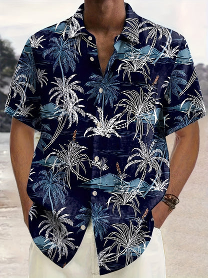 Men's Hawaiian Coconut Tree Print Button-Up Shirt - Tropical Vacation Style Short Sleeve Summer Shirt with Navy Blue & White Palm Design, Machine Washable Regular Fit for Beach Outings & Casual Wear, Hawaiian Shirt, Nontransp