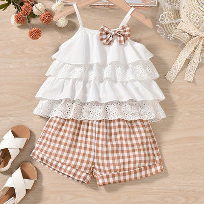 Cute Ruffle Lace Top & Check Shorts Two-Piece Set - White Blouse with Yellow Bow, Yellow & White Gingham Shorts, Perfect for Spring/Summer, Casual Playwear|Ruffle Detail Top|Nonstretch Fabric, for Outdoor