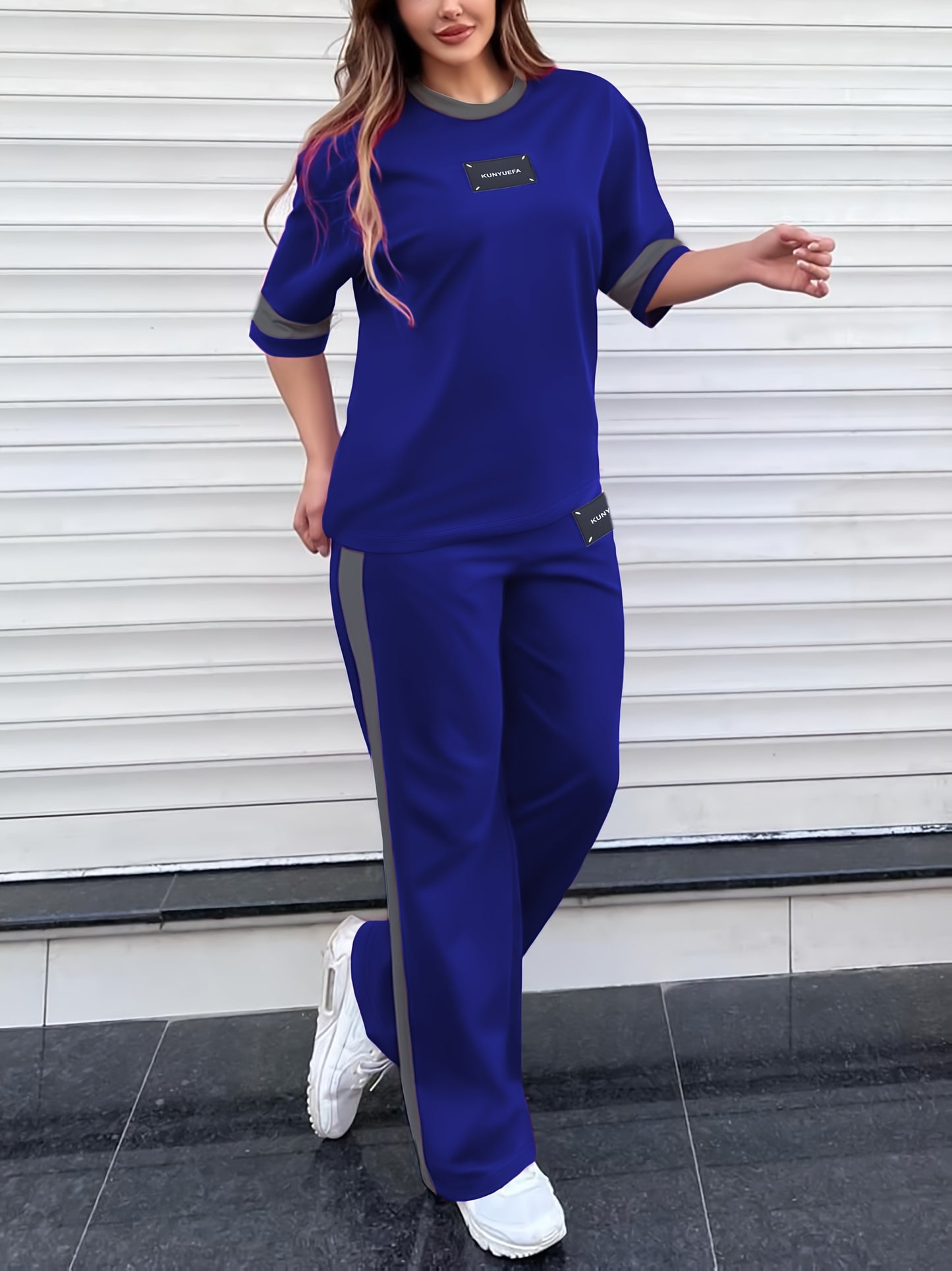 Autumn Fashion Trend: Color-Block Round Neck Short Sleeve T-Shirt + Casual Loose-Fit Elastic Waist Straight-Leg Pants Women's Two-Piece Set