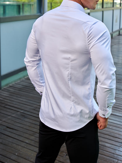 Camisa de homem de manga comprida, corte slim, cor sólida, tecido elástico de secagem rápida e fecho de botões. Ideal para atividades físicas na primavera e no outono.