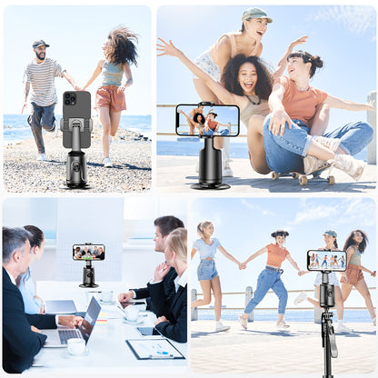 Tripé com seguimento facial automático, sem necessidade de aplicação, suporte para telemóvel com rotação de 360° para rosto e corpo, ideal para vlogs e live streams, bateria recarregável, preto.