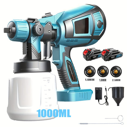 Pistola de pintura para Makita com 2 baterias de 3000mAh e carregador para pintura de paredes, tetos e vedações de jardim. Recipiente amovível de 1000ml.