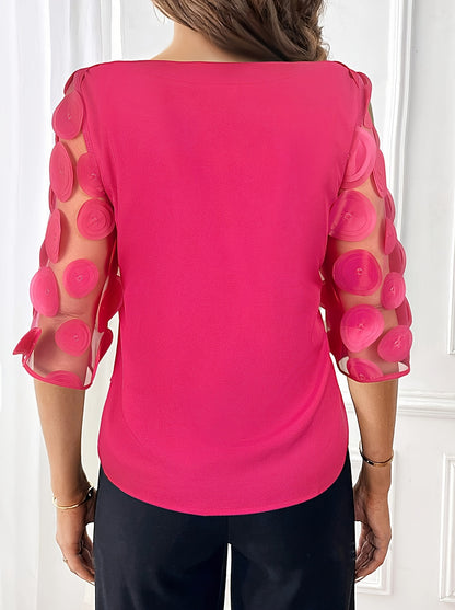 Elegant Off-Shoulder Blouse with Sheer Mesh Panel &amp; Tie-Waist Detail - Chic Solid Color, Half-Sleeve Design, Machine Washable - Perfect for Stylish Outfits