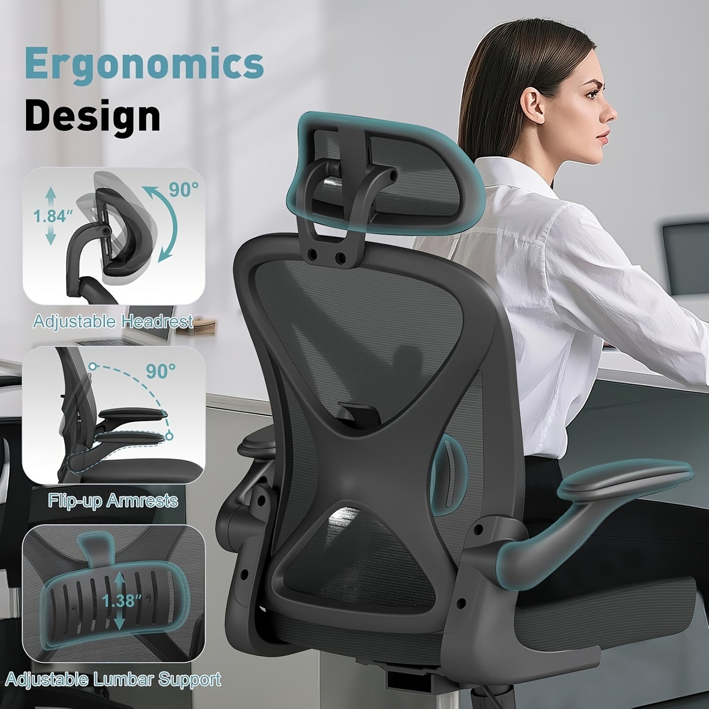 Ergonomic Office Chair with Adjustable Headrest &amp; Lumbar Support, Height-Adjustable Computer Desk Chair with Flip-Up Armrests, 360° Swivel, Breathable Mesh Backrest &amp; Seat, Durable Plastic Frame - Black for Home &amp; Office Use