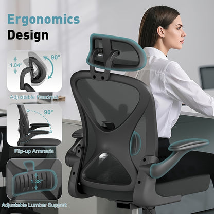 Ergonomic Office Chair with Adjustable Headrest &amp; Lumbar Support, Height-Adjustable Computer Desk Chair with Flip-Up Armrests, 360° Swivel, Breathable Mesh Backrest &amp; Seat, Durable Plastic Frame - Black for Home &amp; Office Use