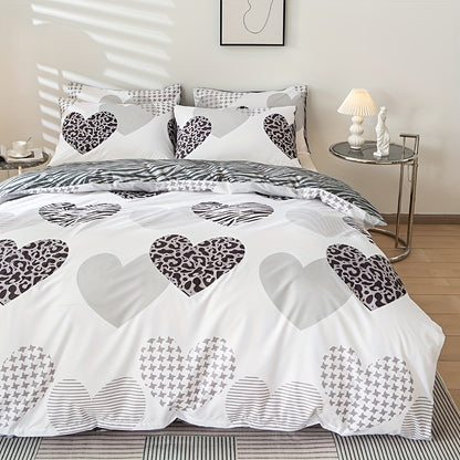 3pcs Love Leopard Print Multicolor Printed Duvet Cover Set, Polyester, All-Season, Zipper Closure, Woven Fabric, with Pillowcase, Machine Washable, Printing, Sanded Finish, 90g Fabric Weight, Non-Woven Fabric, Duvet Insert No