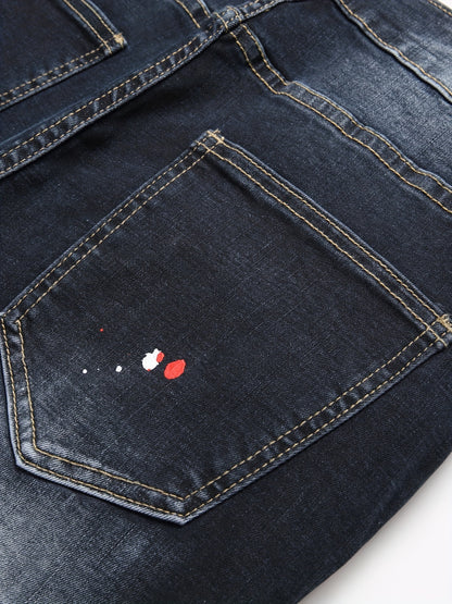 Patch Splatter Ripped Jeans, Men's Casual Street Style Distressed Slim Fit High Stretch Denim Pants For Spring Summer