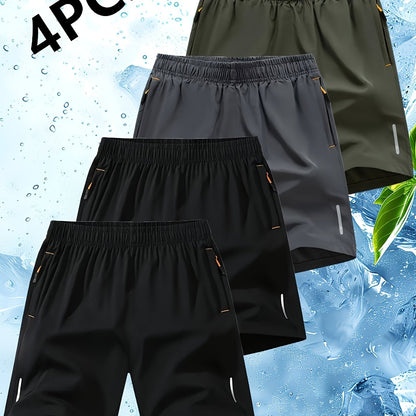 4pcs Men'S Reflective Striped Athletic Shorts - Breathable Quick-Dry Summer Workout Shorts with Pockets, Beige, Navy Blue, Black, Tennis & Gym Shorts for Men, Gym Shorts, Sporty Design, Quickdry Fabric