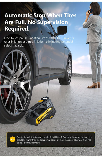 Inflador de pneus digital CaRSun, bomba de ar portátil com luz LED para automóveis, motos e bicicletas - DC 12V, 150 PSI, design preto e amarelo, alimentação por ficha, sem necessidade de bateria, insuflador de pneus de bicicleta | Porta elegante